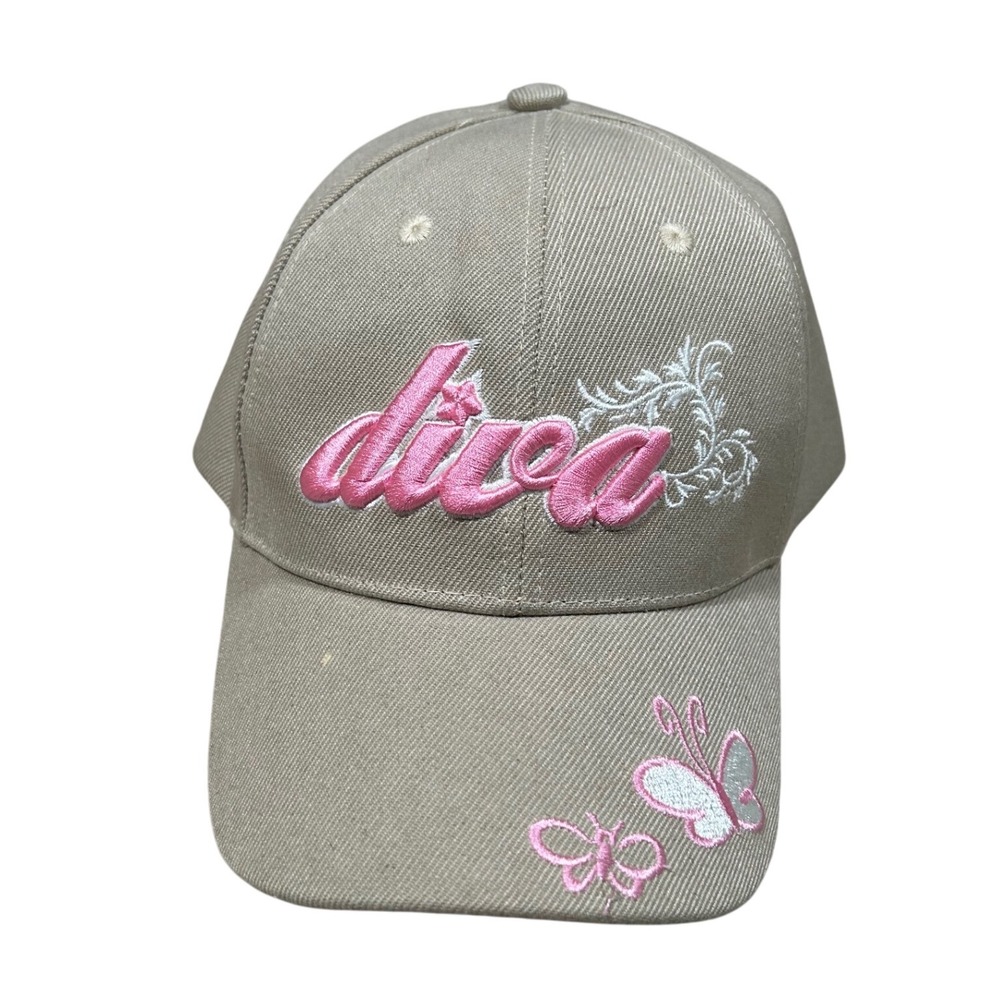 Y2K Diva Embroidered Baseball‎ Cap – Khaki Tan Hat Pink Butterfly Adjustable
